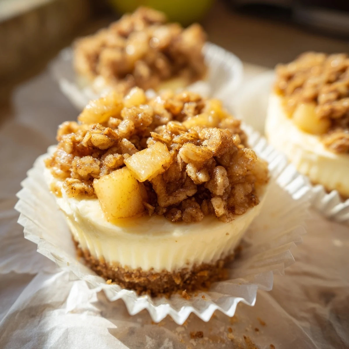Golden brown mini cheesecakes topped with warm spiced apple crisp and oat crumble