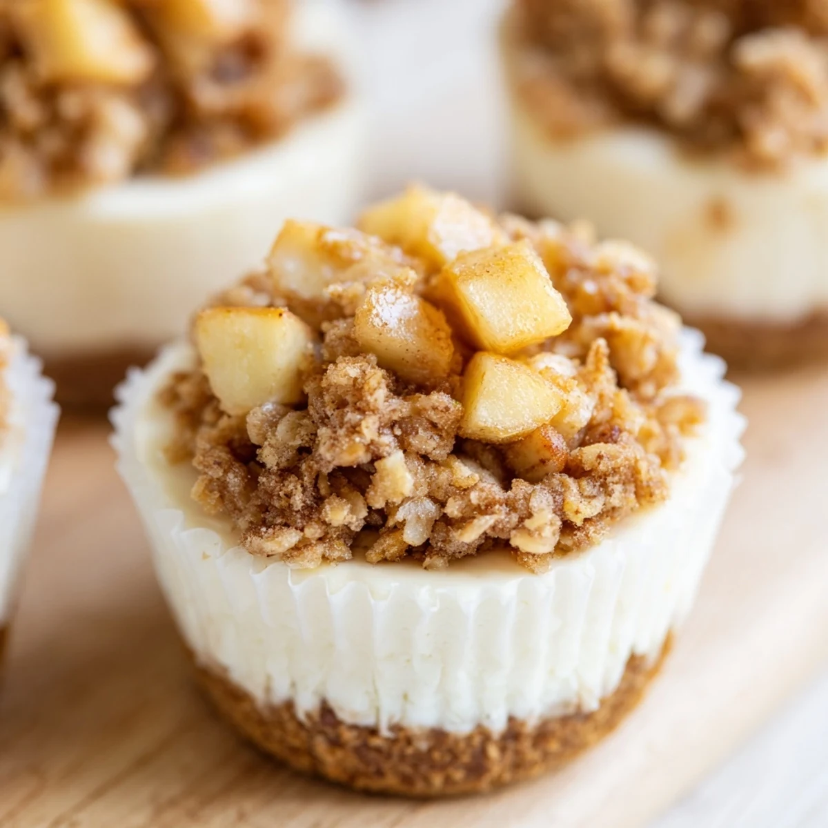 Creamy cheesecake bites with caramelized cinnamon apples and crunchy streusel topping