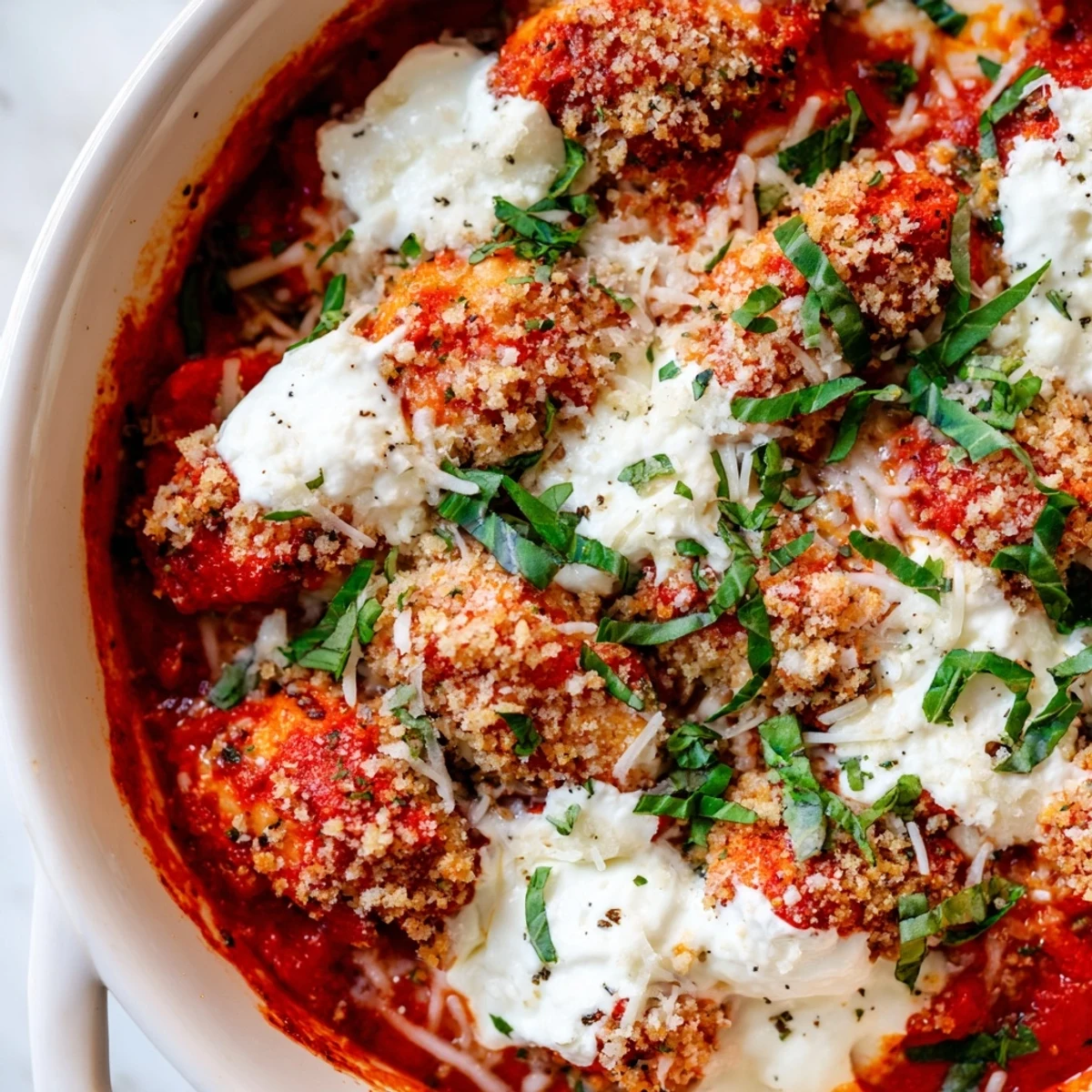 Golden brown chicken parmesan bowl with melted cheese and toasted breadcrumb topping garnished with fresh basil