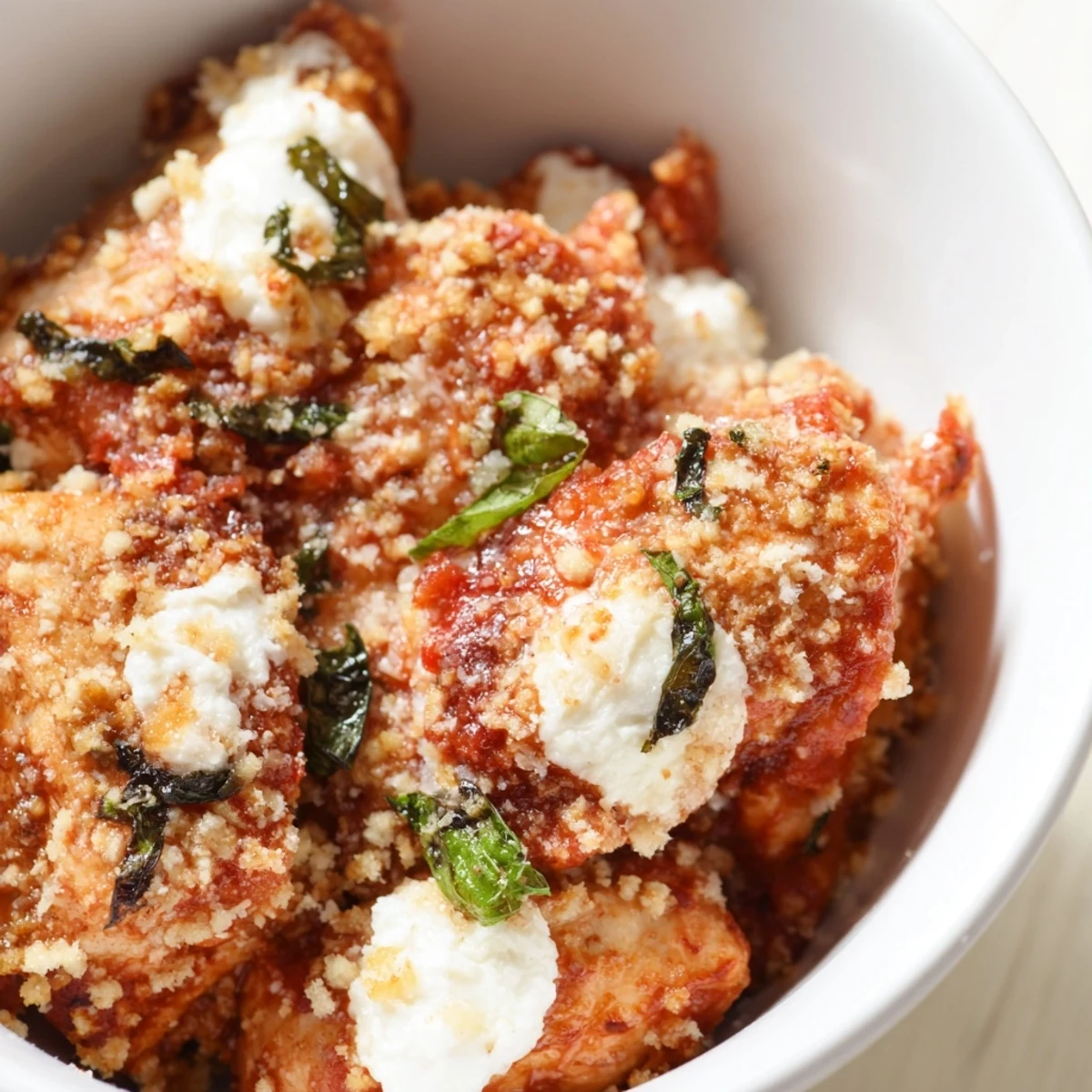 Savory chicken parmesan cottage cheese bowl with crispy panko crumbs and parmesan cheese sprinkled over tender chicken pieces