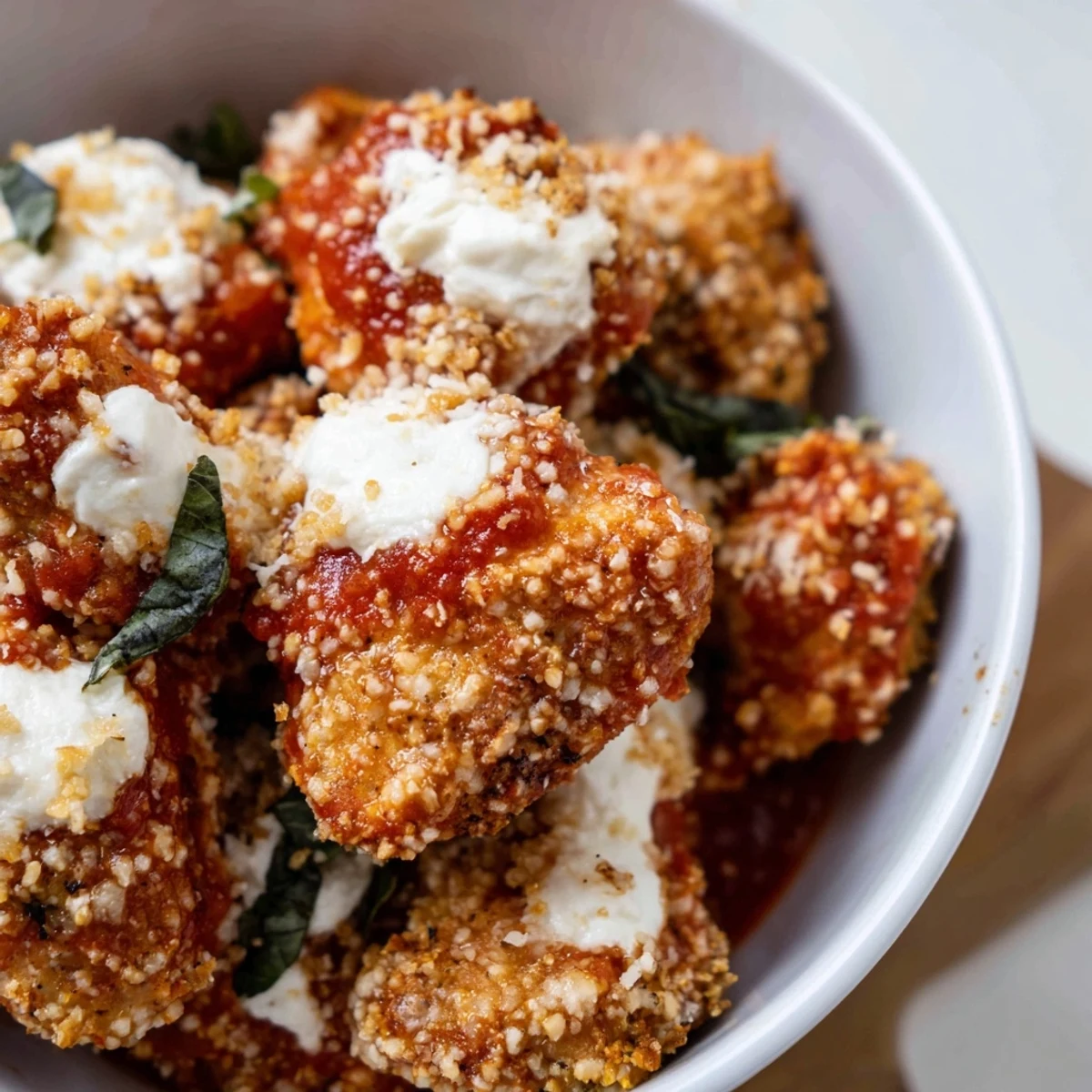High protein chicken parm cottage cheese bowl featuring bubbling mozzarella and zesty marinara sauce in a white serving dish