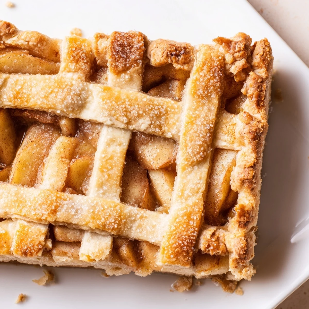Rectangular apple slab pie sliced into squares topped with coarse sugar on golden pastry