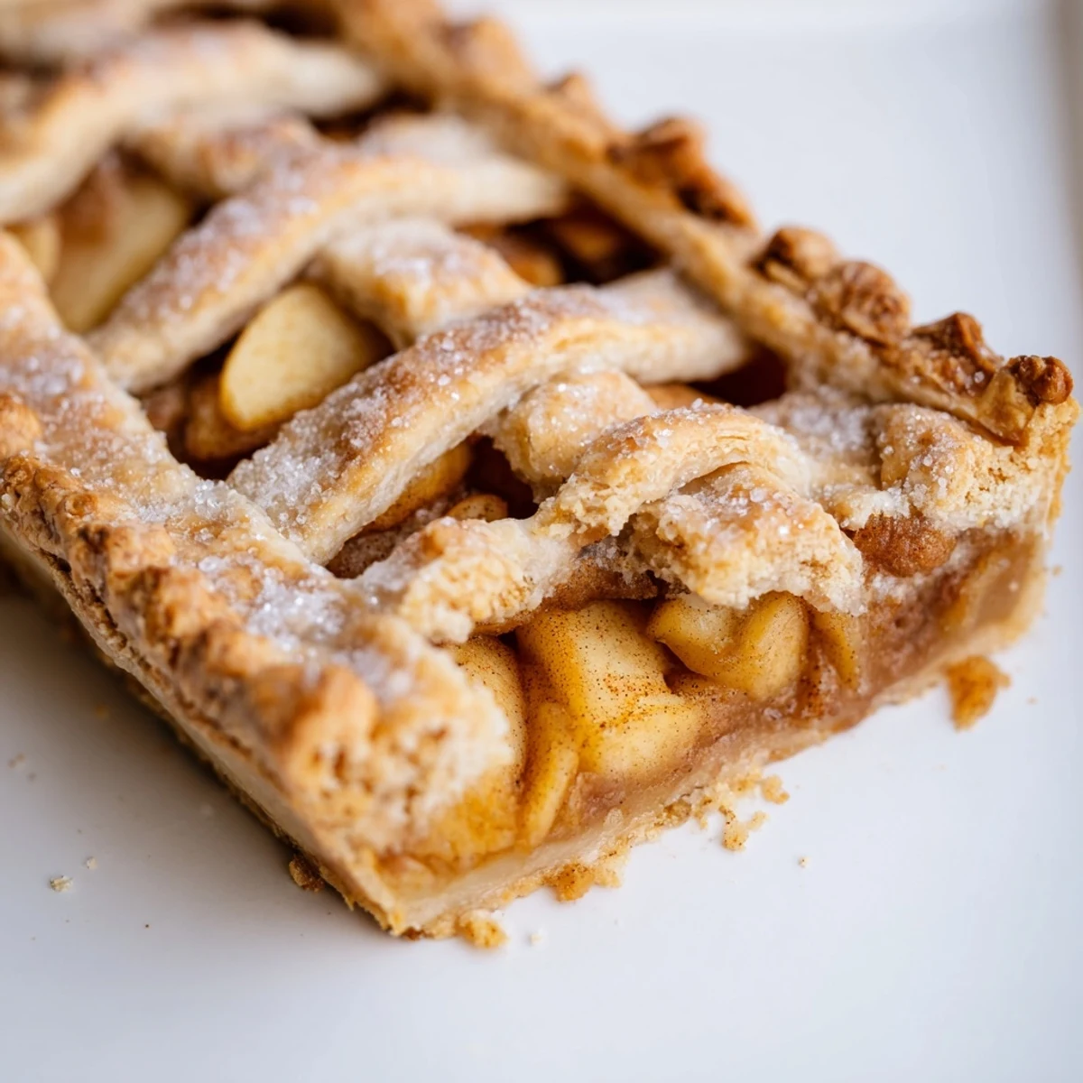 Family-style apple slab pie displaying layers of cinnamon-spiced apples beneath a lattice-topped golden crust