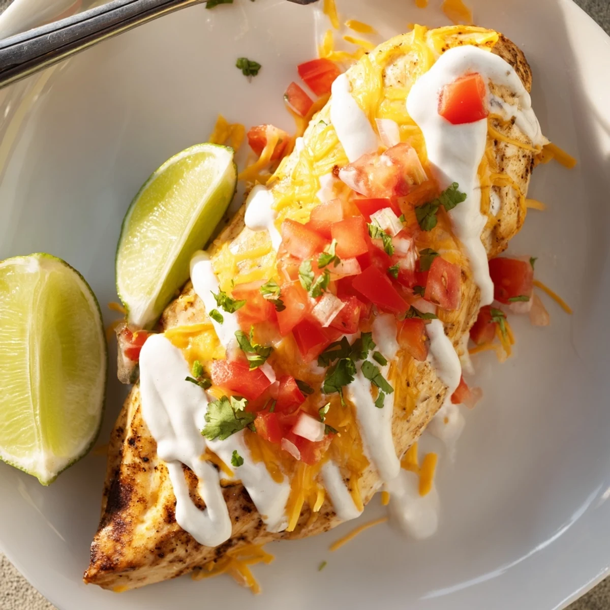 Zesty fiesta lime chicken breasts with fresh pico de gallo cilantro garnish and lime wedges