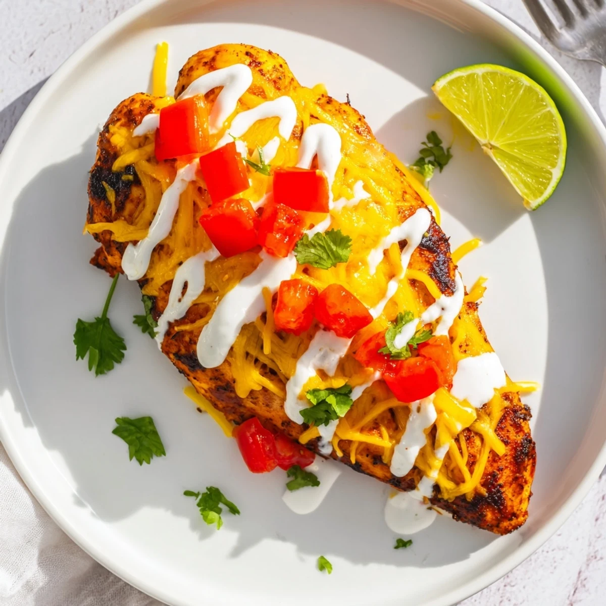 Grilled fiesta lime chicken dish plated with tangy sauce melted cheese and vibrant tomato topping