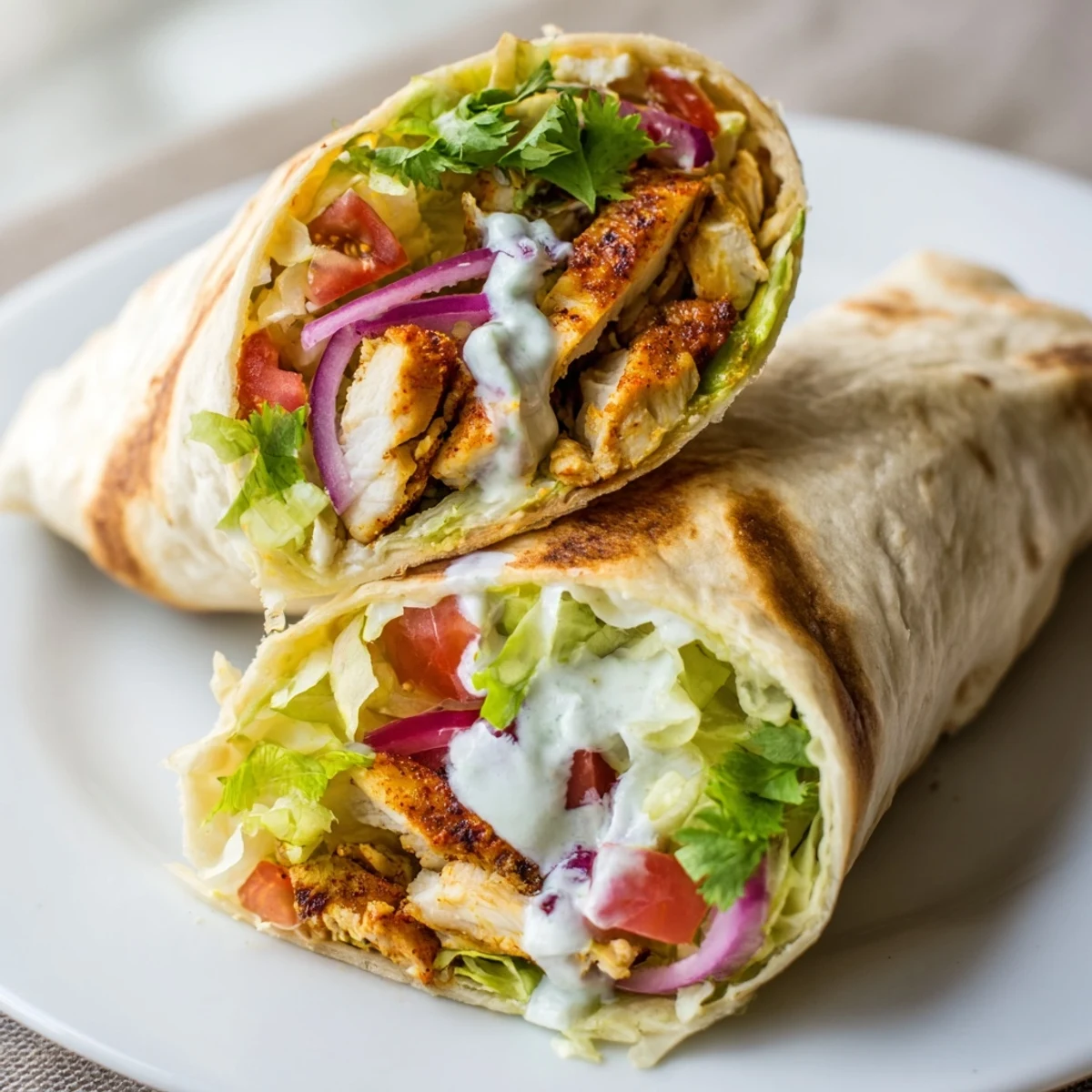 Protein-packed crispy cottage cheese flatbread chicken wrap sliced open to reveal seasoned meat and colorful toppings