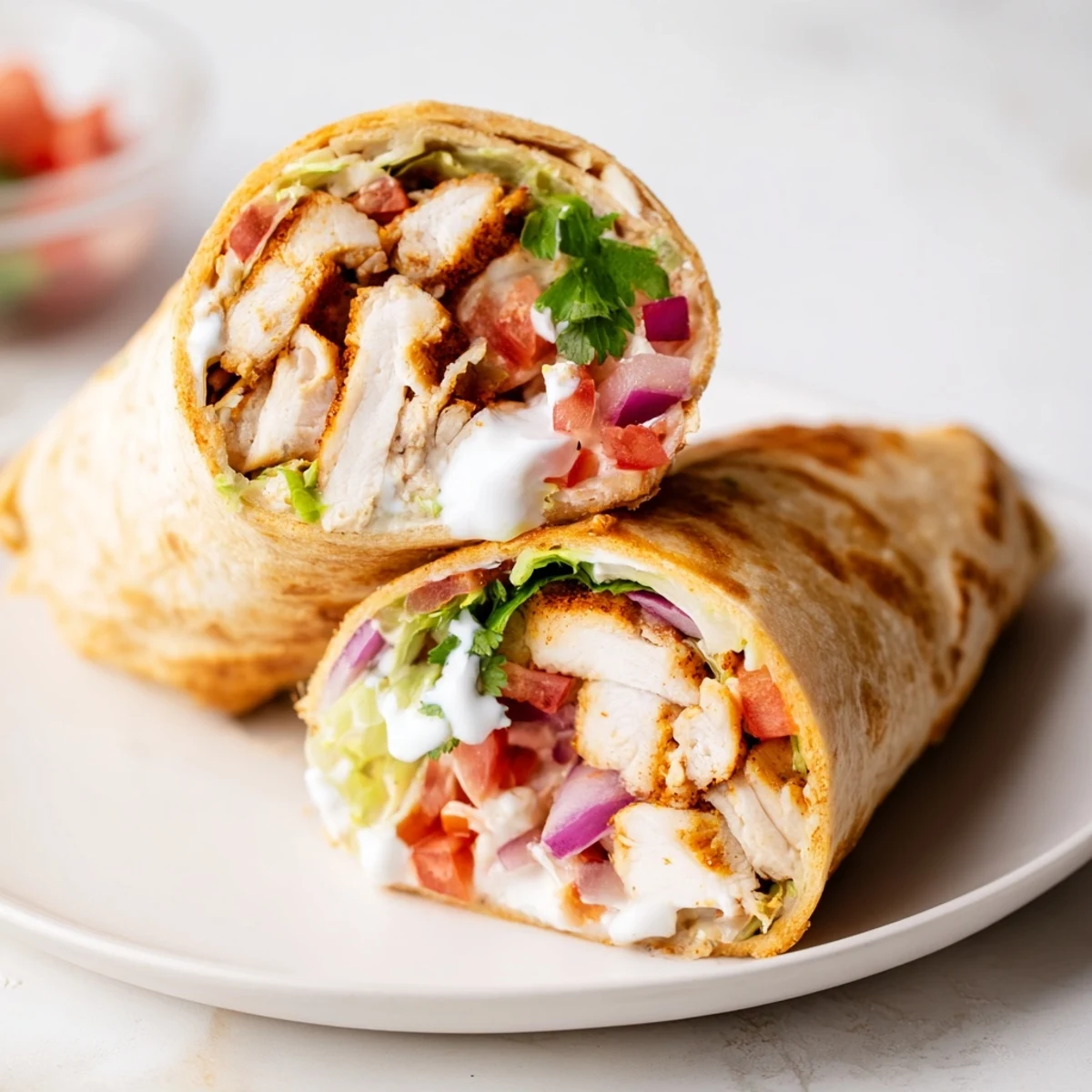 Hand-held high protein wrap featuring toasted cheesy flatbread layered with tender chicken and crunchy lettuce tomato onion