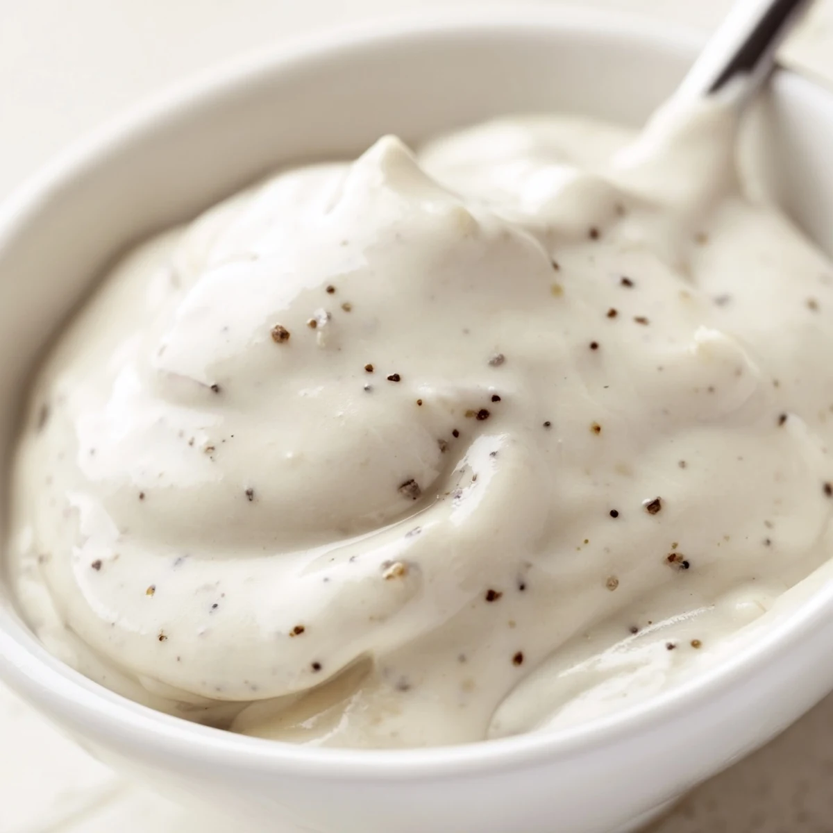 Creamy white garlic sauce drizzled generously over seasoned chicken shawarma meat in a bowl