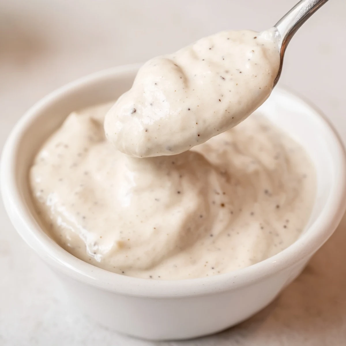 Smooth homemade garlic sauce bowl garnished with olive oil drizzle and fresh herbs for dipping