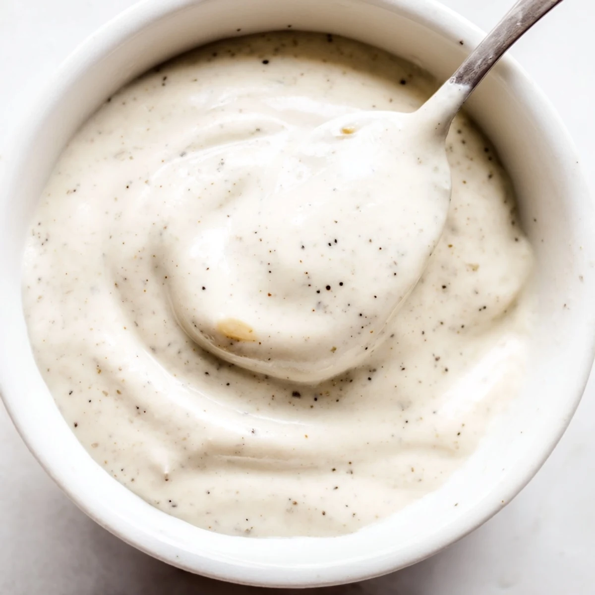 Rich tangy white condiment spread thickly across warm pita bread with juicy sliced chicken shawarma