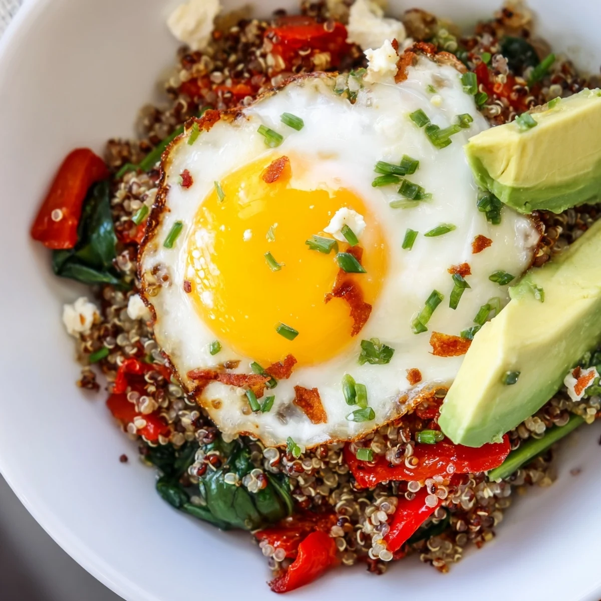 Hearty savory quinoa breakfast bowl featuring spinach, cherry tomatoes, and a perfectly cooked sunny-side-up egg