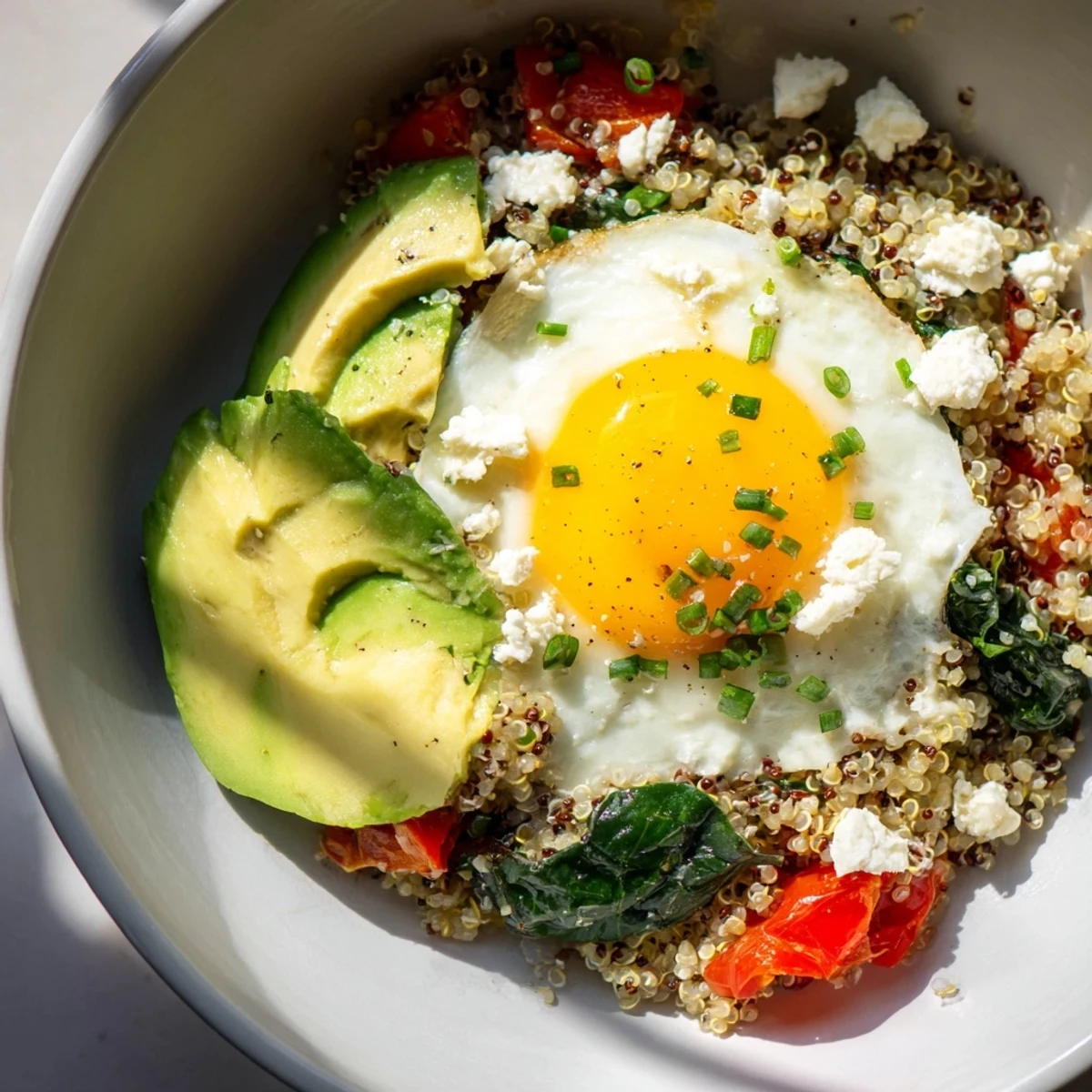 Golden fried egg resting atop fluffy savory quinoa breakfast bowl with colorful sautéed vegetables and fresh herbs
