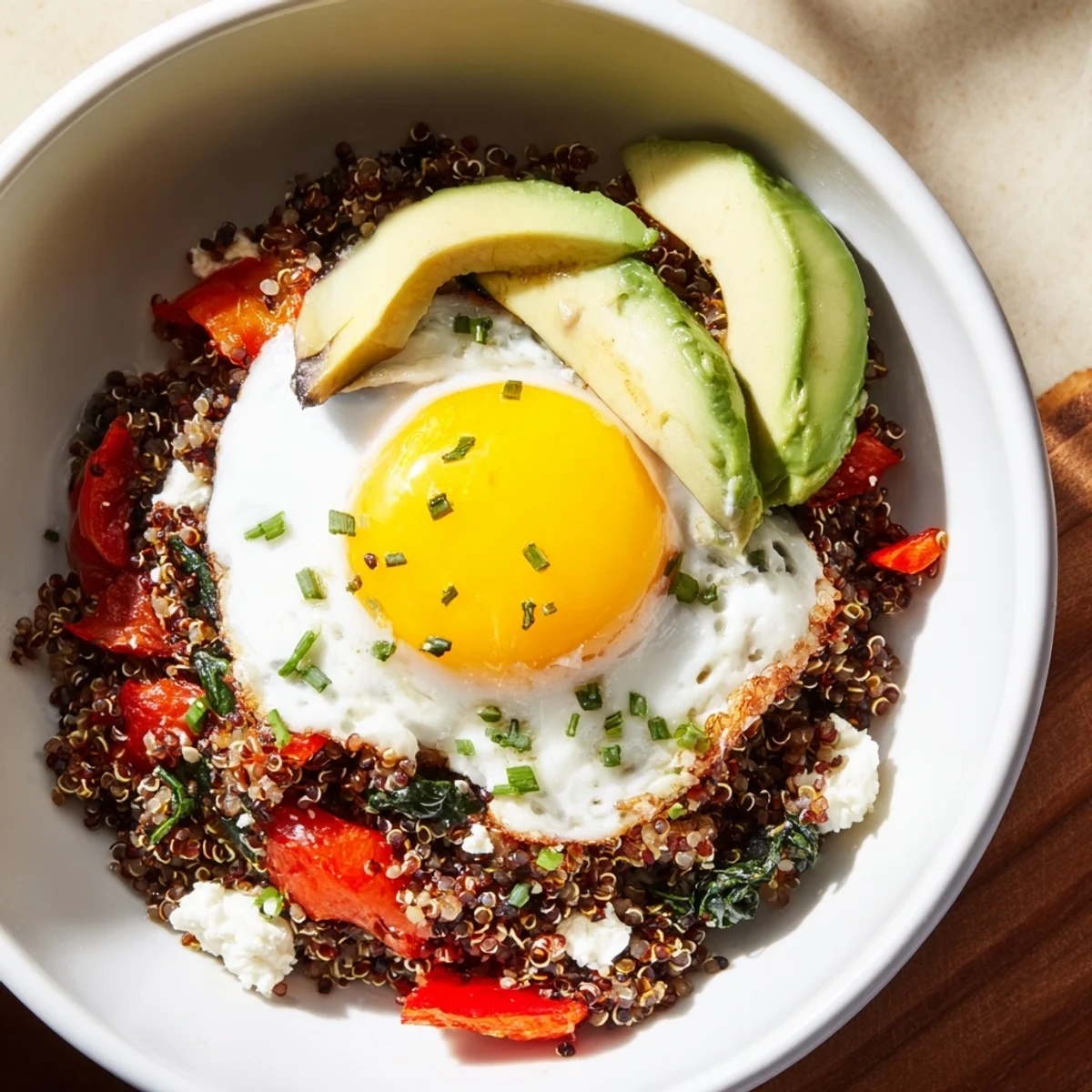 Wholesome savory quinoa breakfast bowl arranged in a serving dish with crisp veggies and runny egg yolk