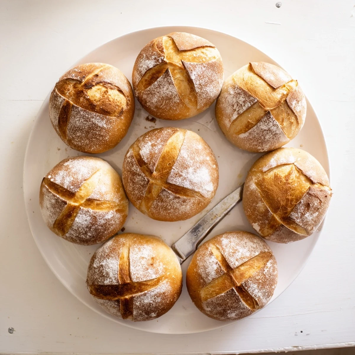 Golden brown crusty French bread rolls fresh from the oven with flour-dusted tops