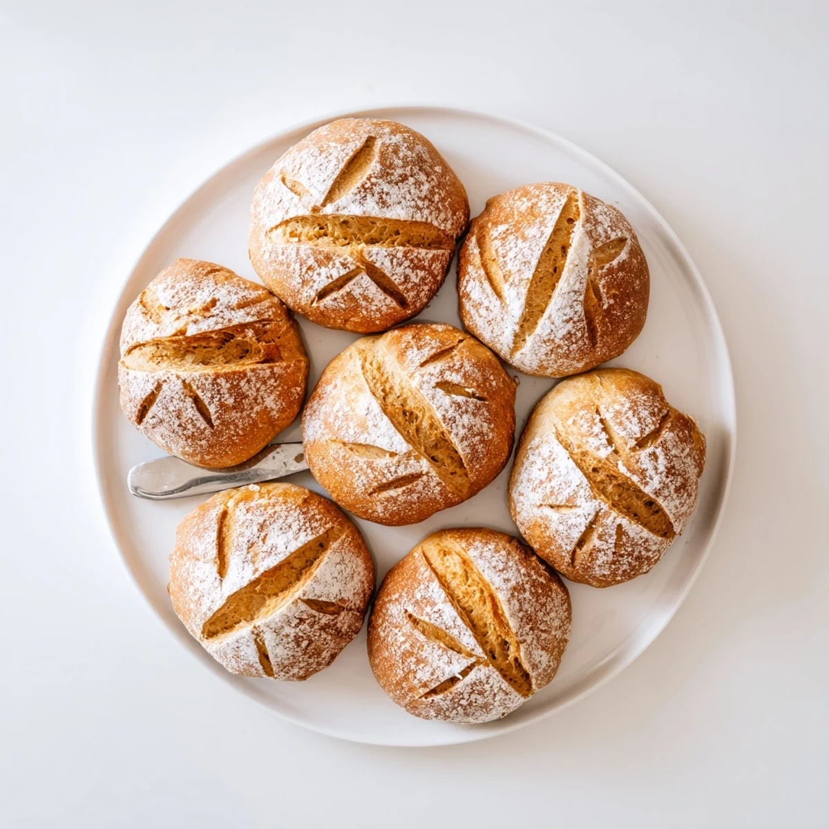 Warm artisan crusty French bread rolls served with melted butter for dipping