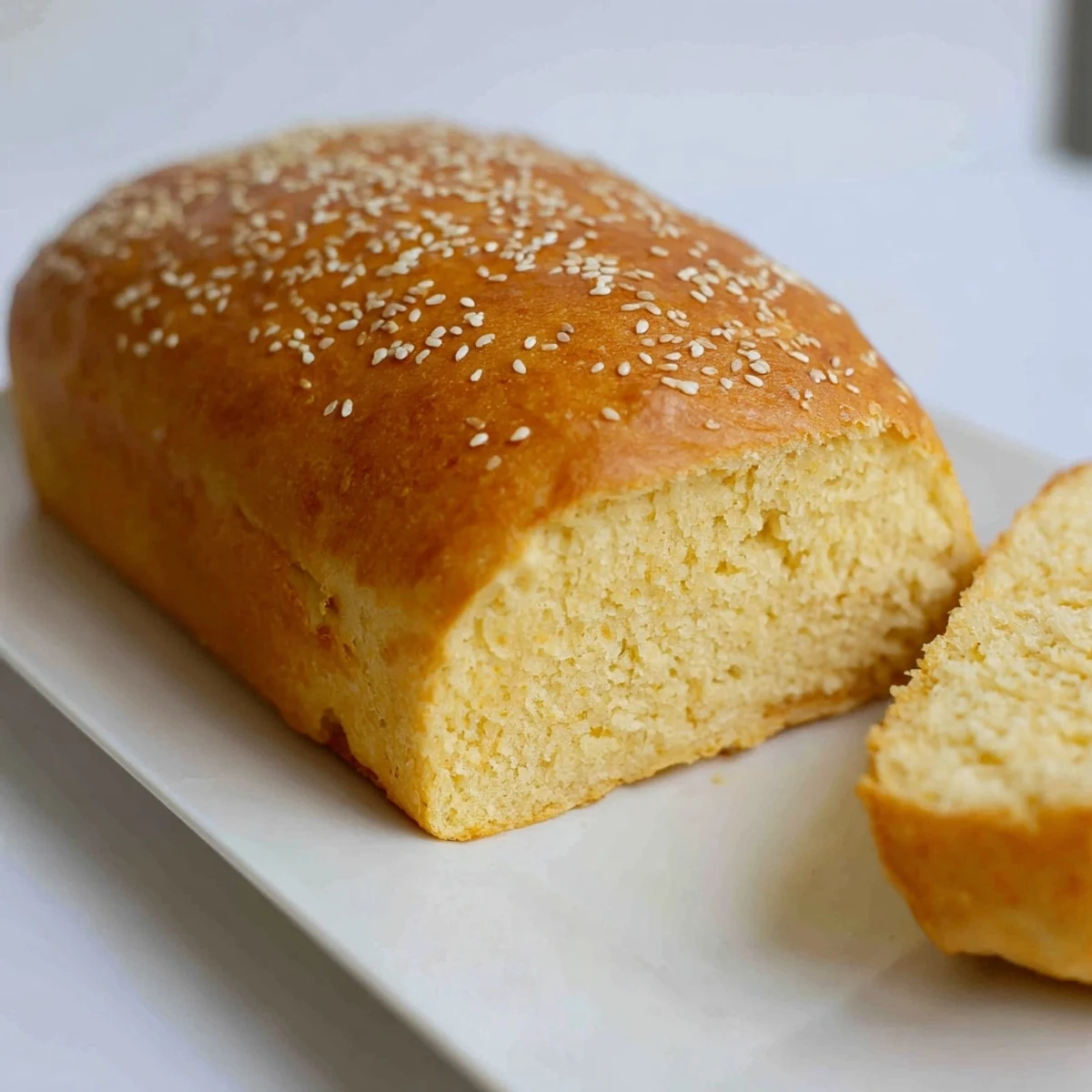 Golden zero carb yogurt bread loaf sliced on a wooden cutting board with sesame seed topping