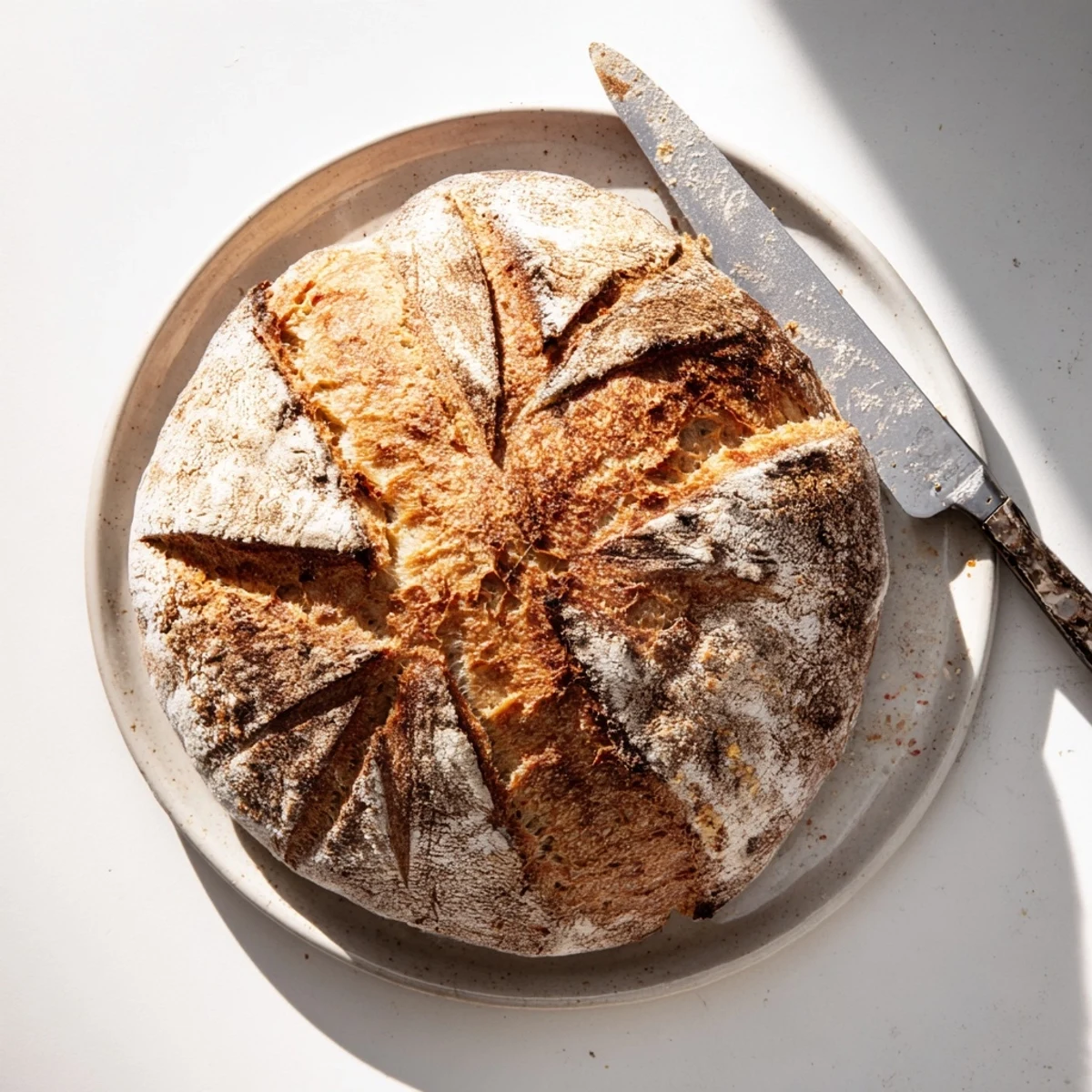 Artisan sourdough loaf with crackling crust and chewy holes, dusted with flour on parchment