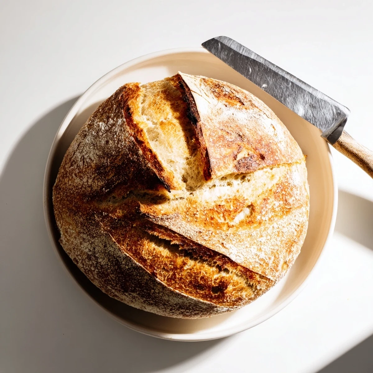 Rustic homemade sourdough bread with beautifully scored top, cooling on wire rack before slicing