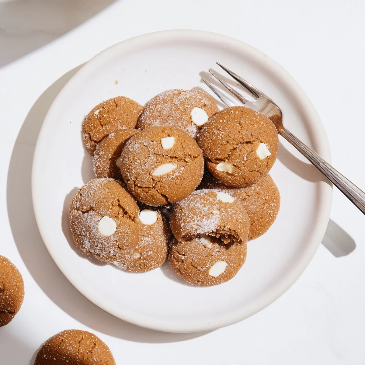 Soft bakery-style gingerbread white chocolate cookies sprinkled with granulated sugar on a cooling rack.