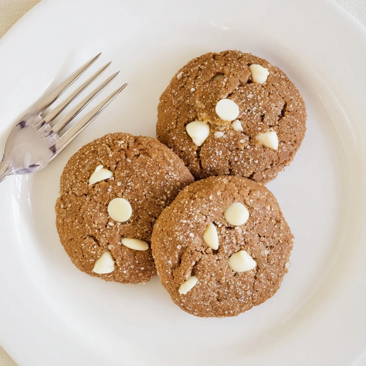 Warm spiced gingerbread cookies studded with melted white chocolate chips on a wooden board.