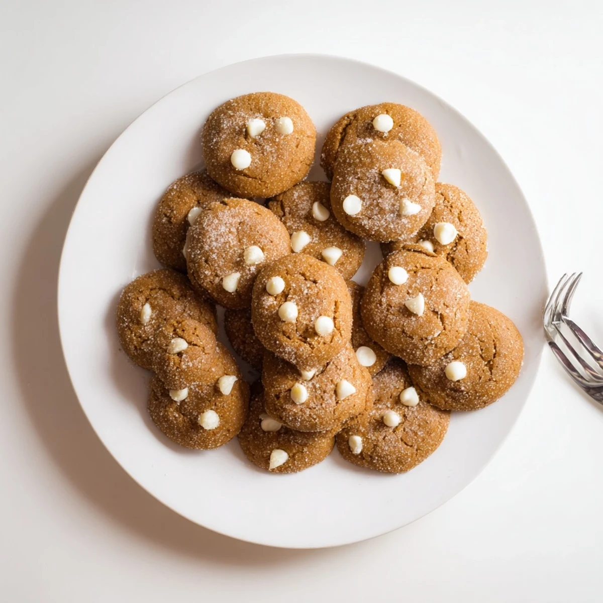 Festive gingerbread white chocolate cookies stacked high with soft centers and crisp sugared edges.