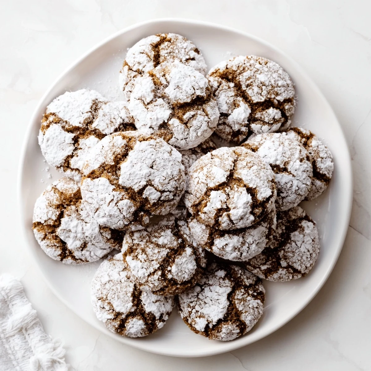 Soft gingerbread crinkle cookies dusted with powdered sugar on a festive holiday platter