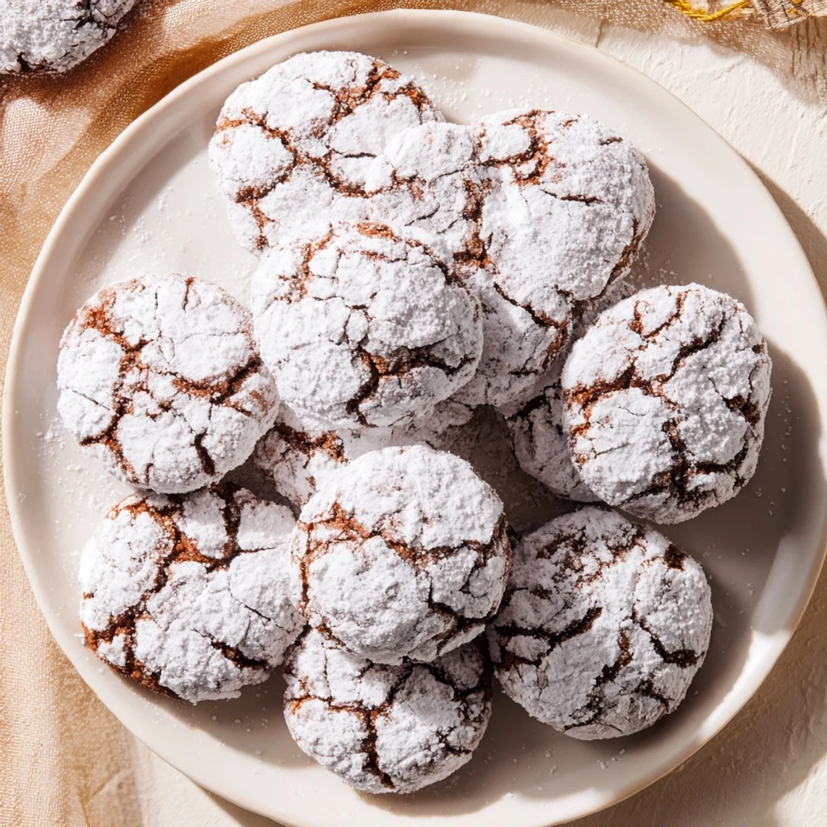 Chewy spiced gingerbread crinkle cookies with crackled sugar coating on a white baking sheet