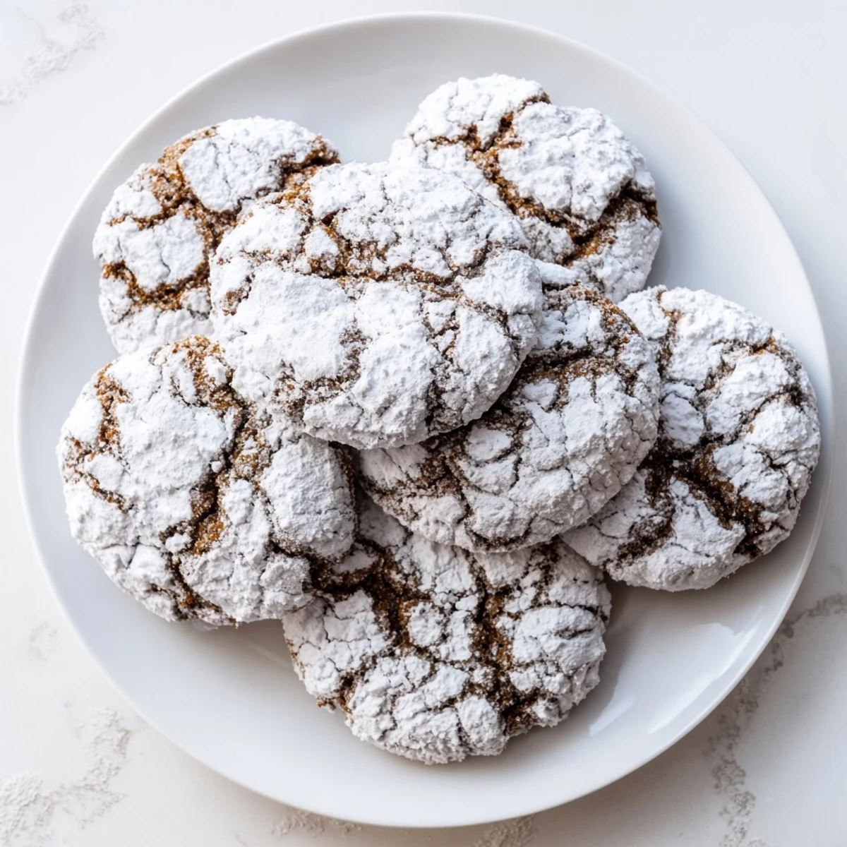 Warm homemade gingerbread crinkle cookies stacked high with snowy powdered sugar edges