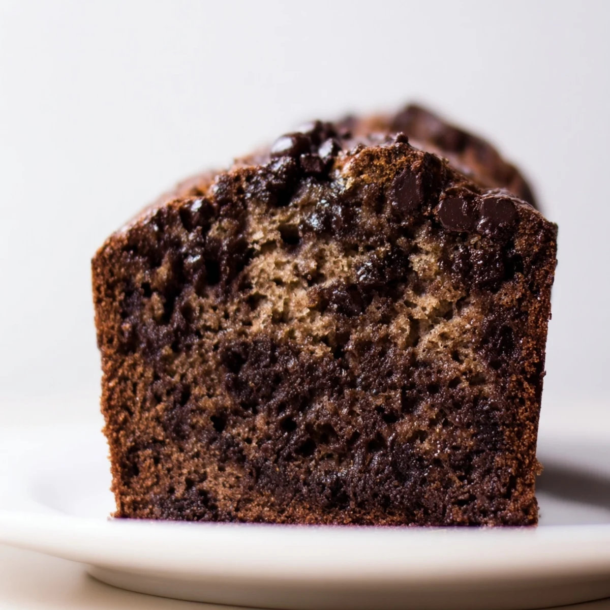 Chocolate Espresso Banana Bread loaf topped with melted chocolate chips and a dusting of cocoa powder
