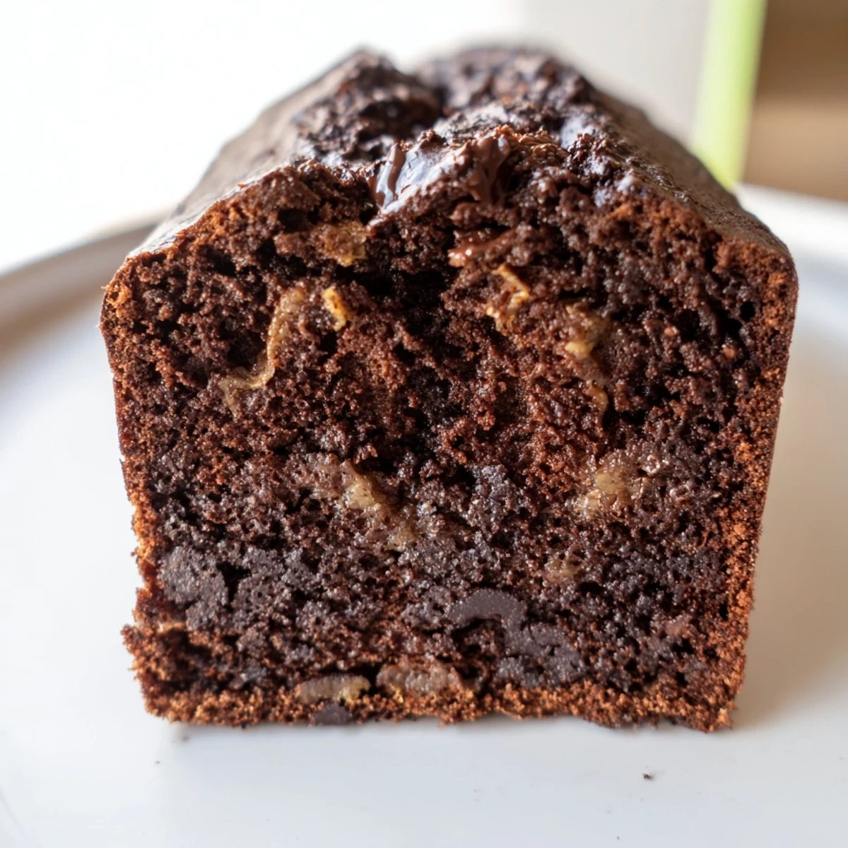 Warm slice of Chocolate Espresso Banana Bread on a plate with a steaming cup of coffee