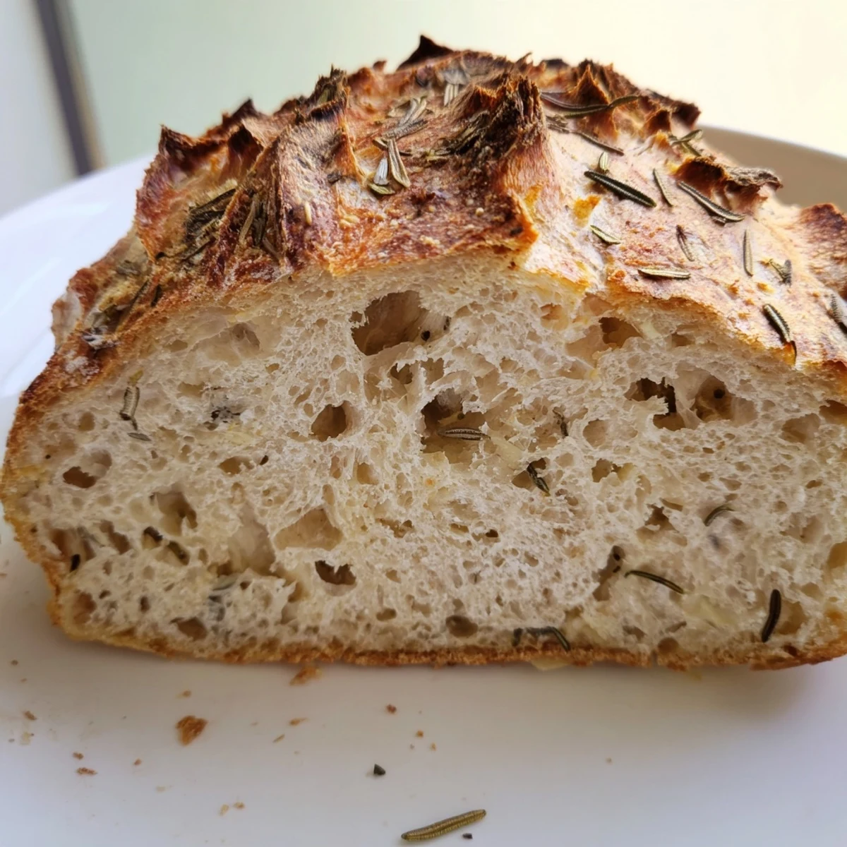 Golden crust loaf of Dutch oven garlic rosemary bread with rosemary sprigs and garlic cloves scattered beside it