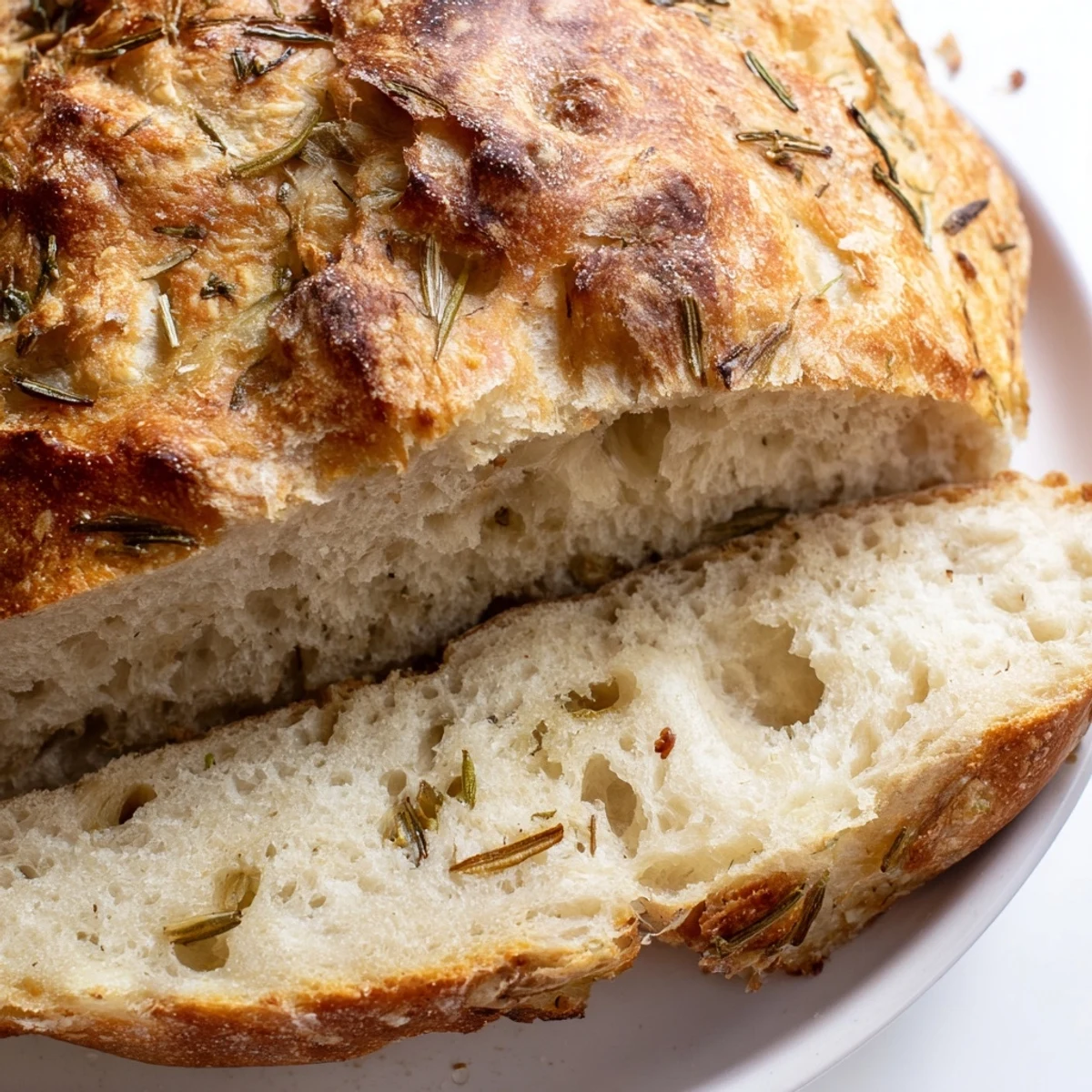 Sliced Dutch oven garlic rosemary bread on wooden board served with olive oil for dipping