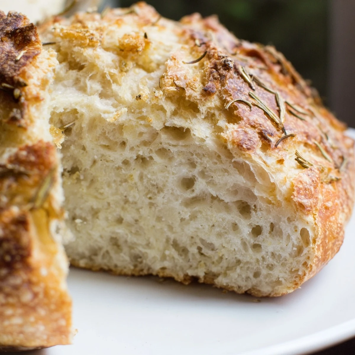 Rustic homemade Dutch oven garlic rosemary bread torn open showing soft interior flecked with fresh herbs