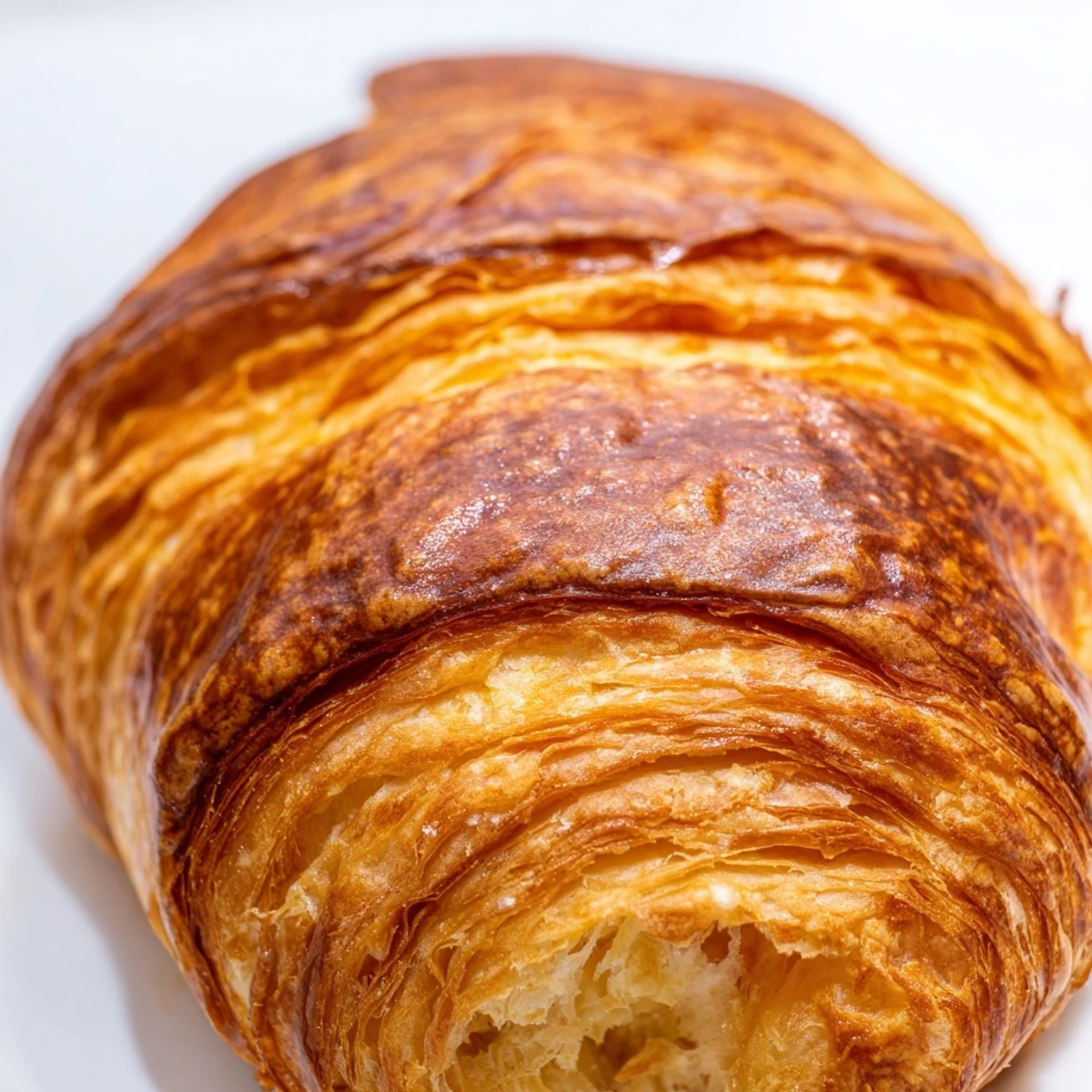 Golden homemade croissant bread loaf with flaky layers and glossy egg wash crust