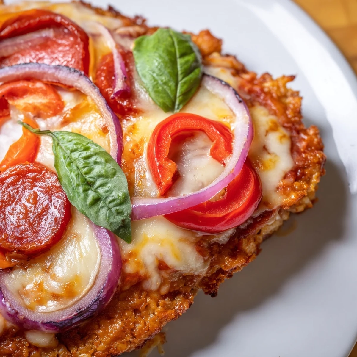 Golden crispy chicken crust pizza topped with melted mozzarella and pepperoni on a rustic wooden board