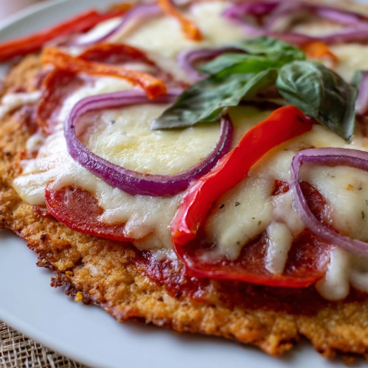 Homemade crispy chicken crust pizza featuring a golden protein-rich base with classic pizza flavors and fresh basil garnish