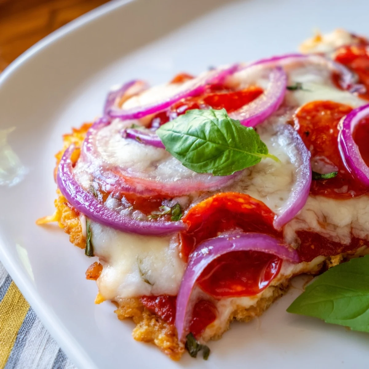 Sizzling low-carb crispy chicken crust pizza bubbling with cheese and colorful fresh vegetable toppings