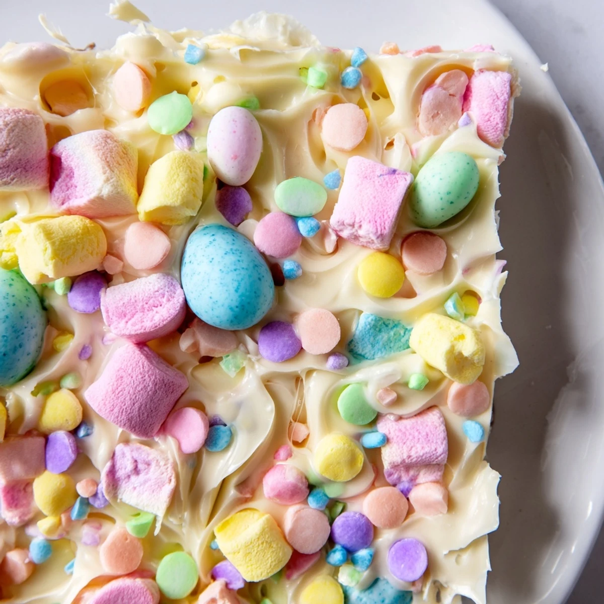 Creamy Easter marshmallow bark topped with pastel candy eggs and colorful sprinkles on white chocolate