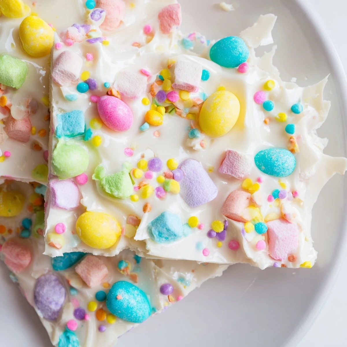 Festive Easter marshmallow bark broken into pieces showing mini marshmallows and sweet chocolate decorations