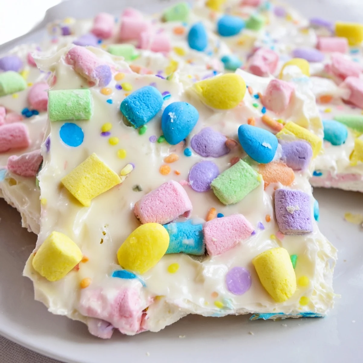 Homemade Easter marshmallow bark with melted white chocolate base and colorful egg-shaped candy toppings