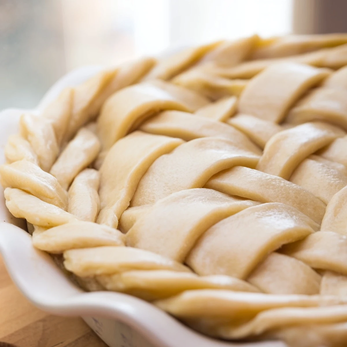 Golden brown fishtail braid pie crust arranged in an intricate woven pattern around a baking dish
