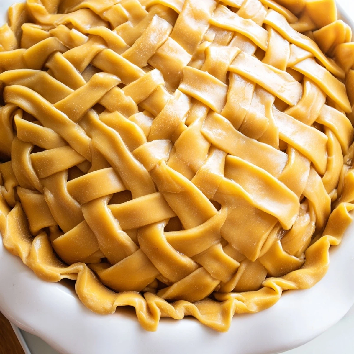 Finished golden fishtail braid pie crust brushed with egg wash and ready for baking on a parchment-lined sheet