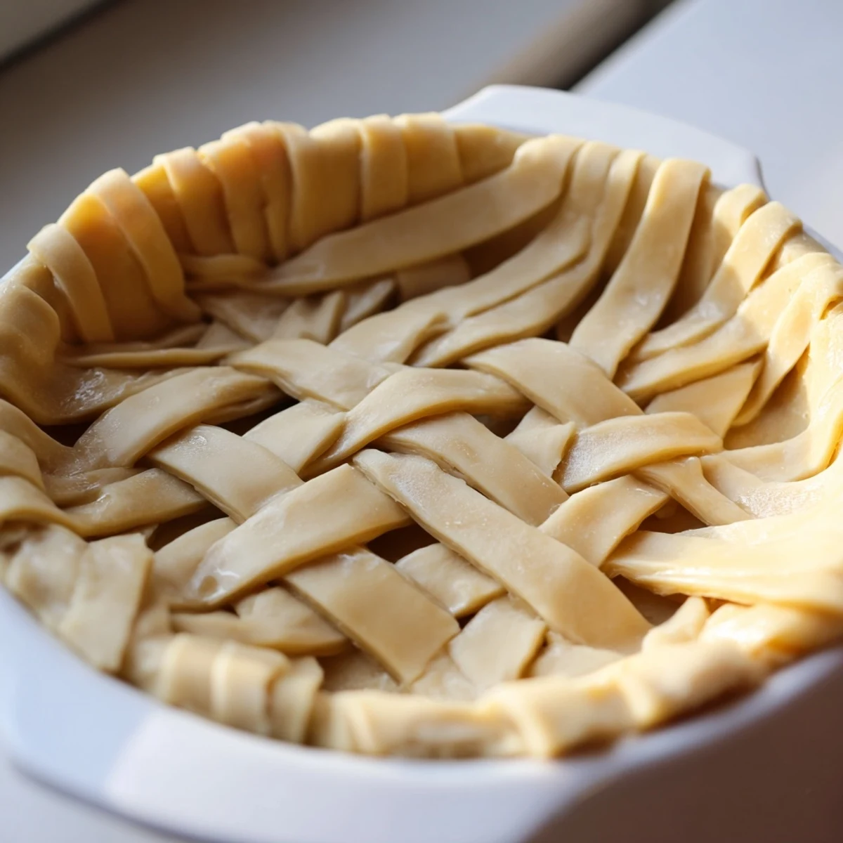 Close-up shot showing the decorative braided pastry strips creating an elegant textured edge on this homemade fishtail braid pie crust