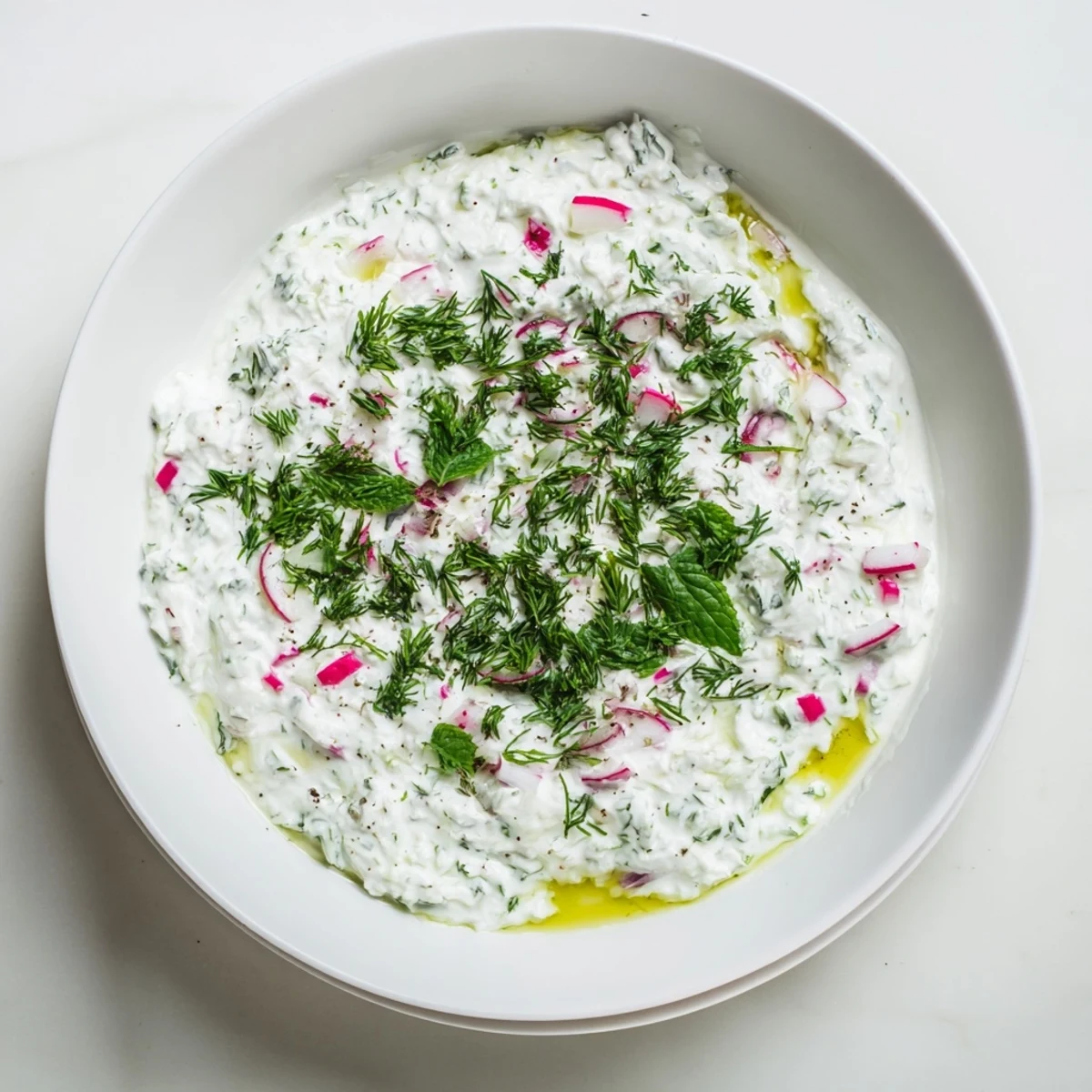 Creamy healthy radish tzatziki dip served in a white bowl with fresh herbs