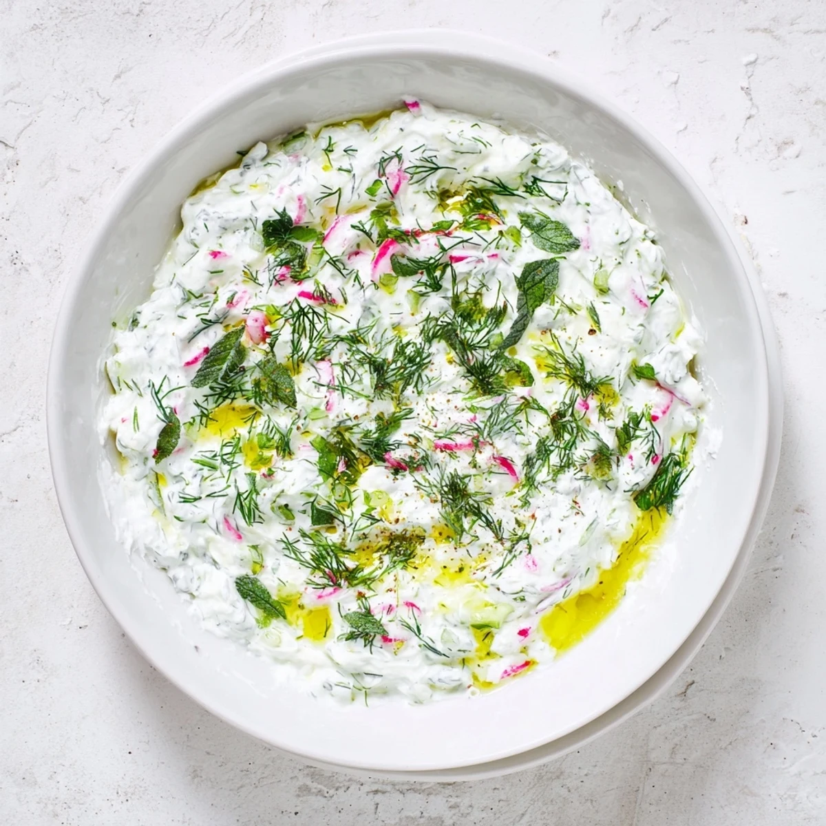 Vibrant healthy radish tzatziki dip spooned onto a plate with vegetable crudités