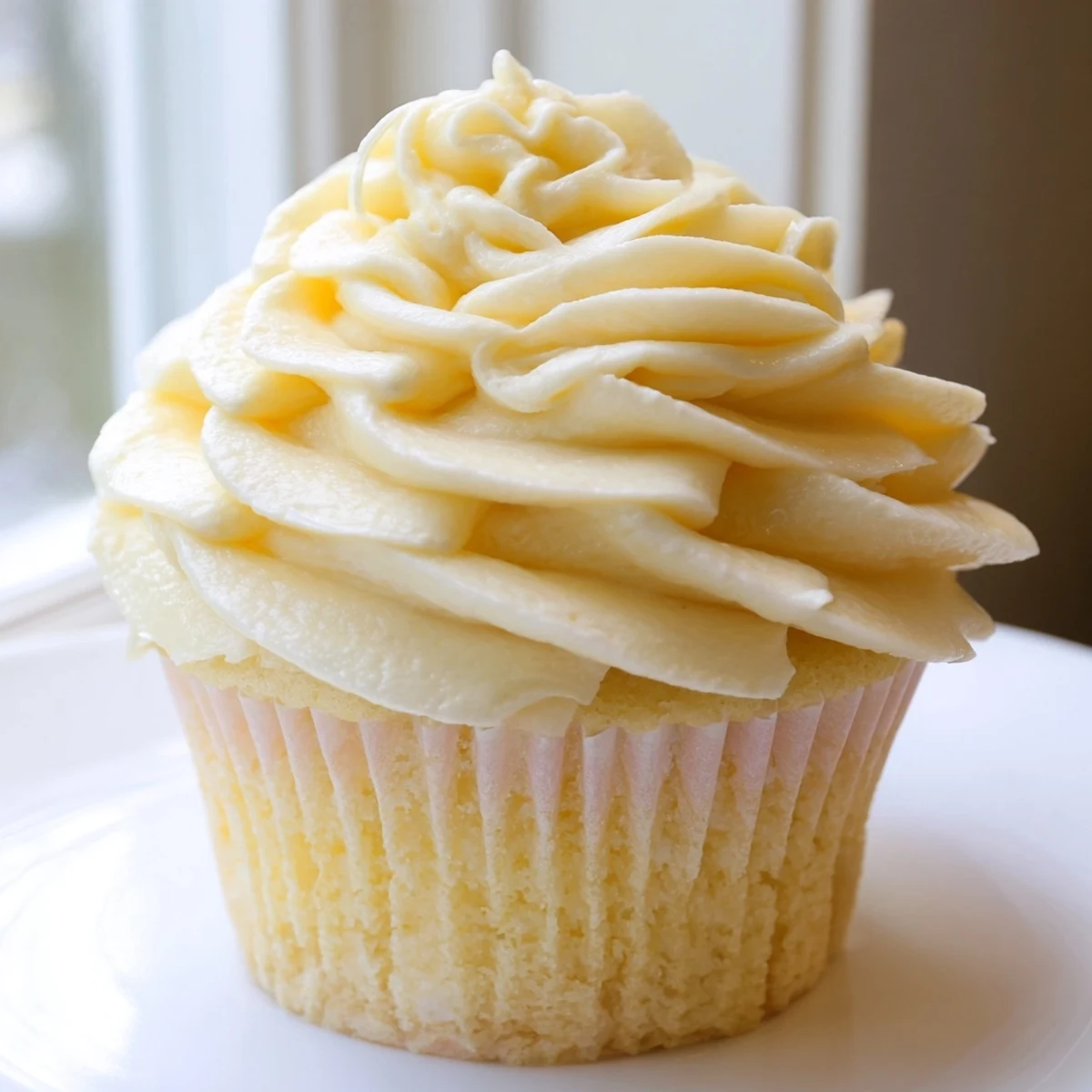 Golden vanilla cupcakes topped with fluffy white buttercream frosting on a white plate