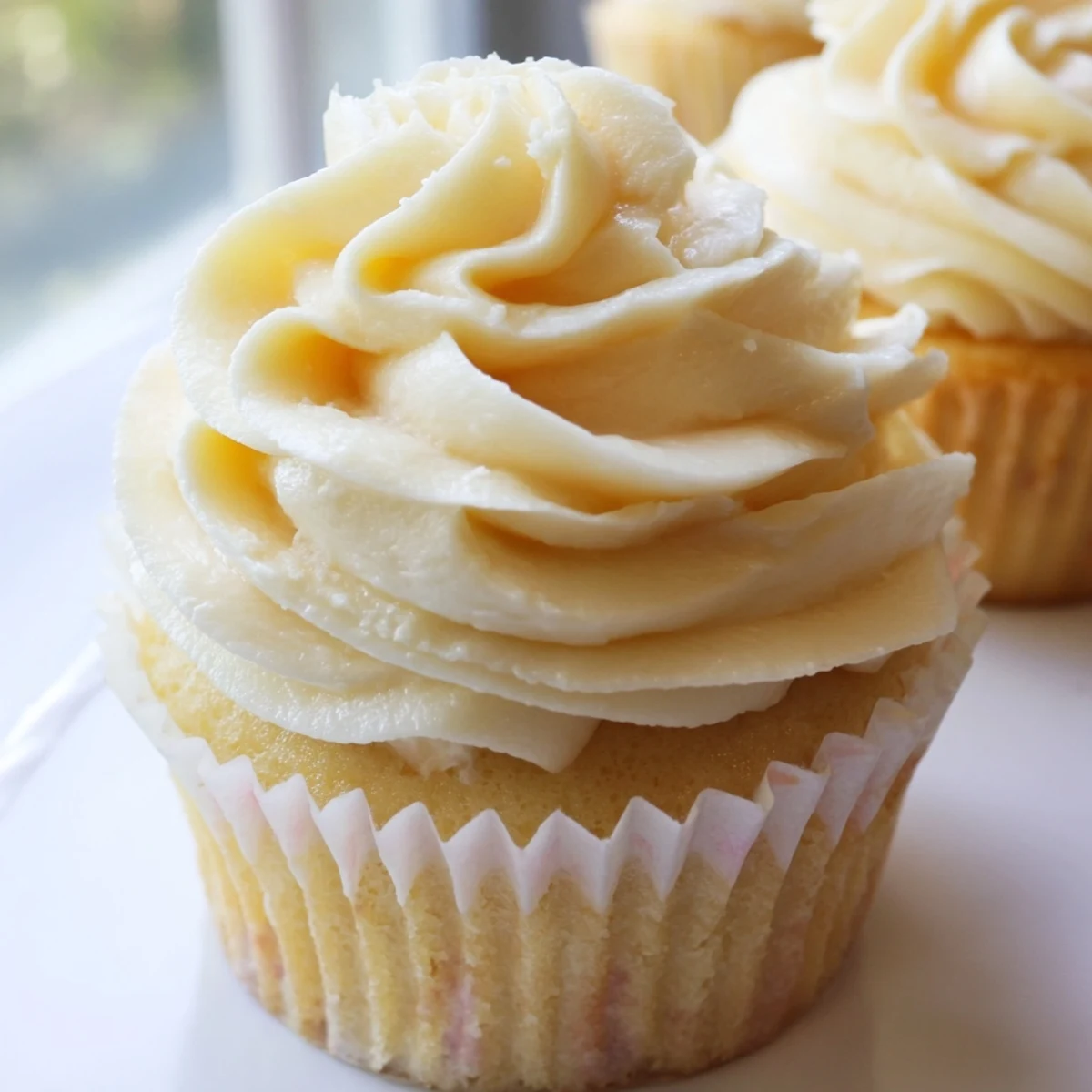 Batch of freshly baked vanilla cupcakes with swirls of vanilla buttercream on wire cooling rack