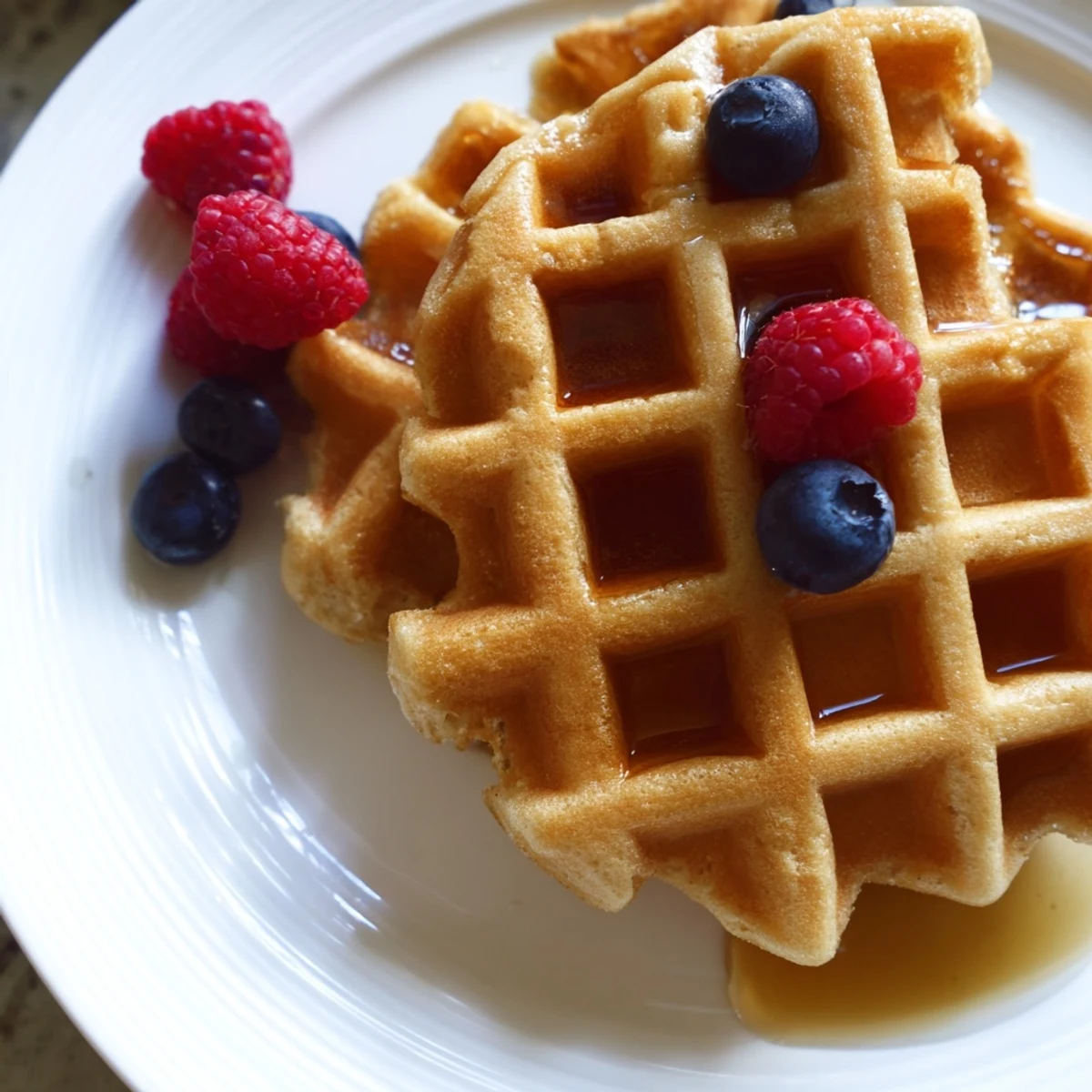 Golden brown Greek Yogurt Waffles stacked on a white plate with maple syrup drizzle