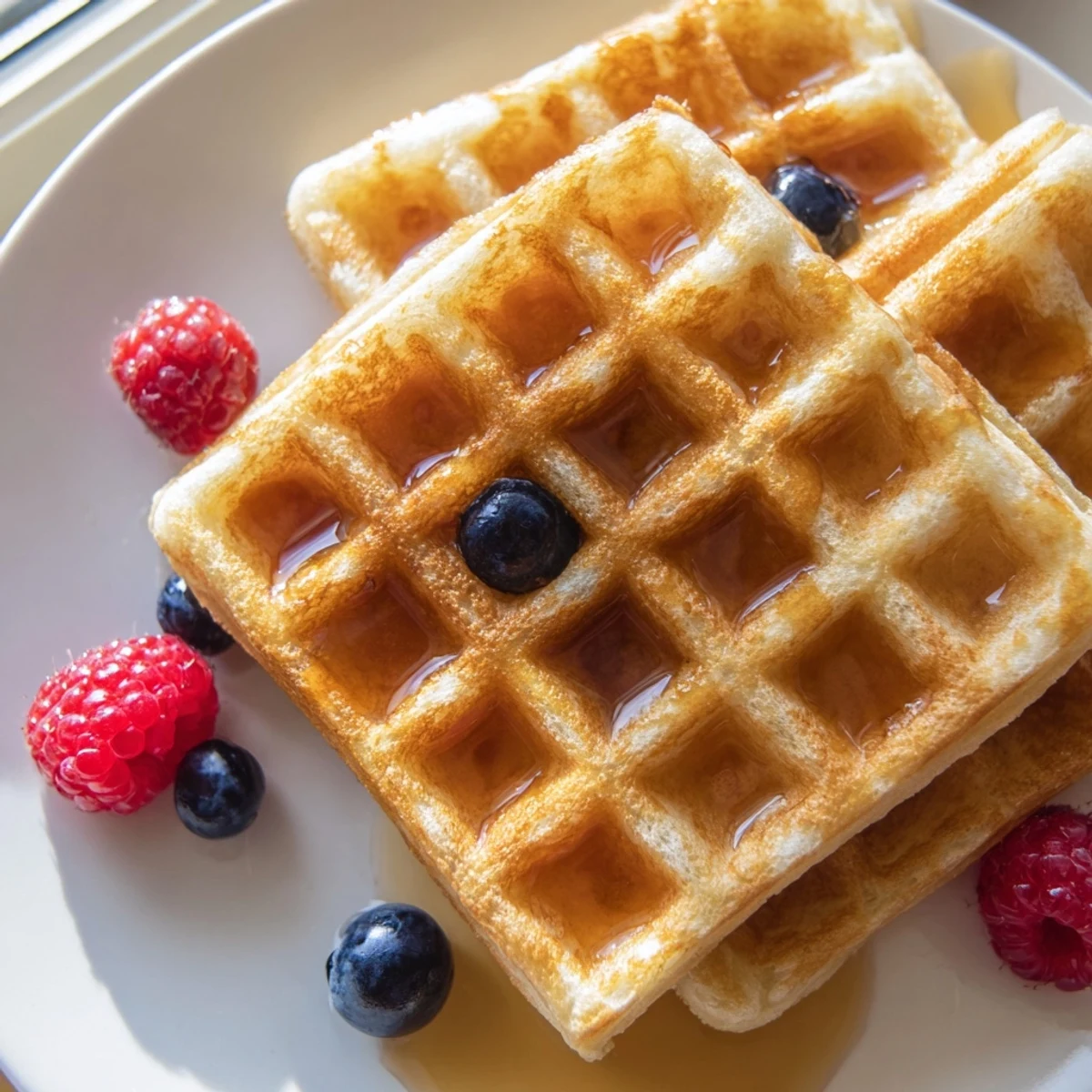 Crispy Greek Yogurt Waffles topped with fresh berries and a pat of melting butter