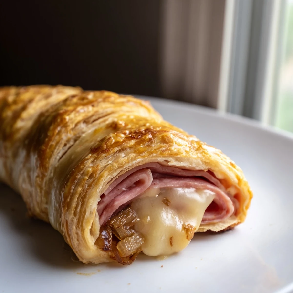 Golden beef and cheese French dip roll ups served with savory au jus dipping sauce on a rustic plate